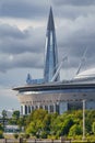 Russia, St. Petersburg, 29 July 2022: The new building of football stadium Gazprom Arena, the sliding metal roof