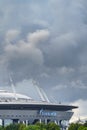 Russia, St. Petersburg, 29 July 2022: The new building of football stadium Gazprom Arena, the sliding metal roof