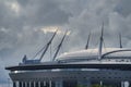 Russia, St. Petersburg, 29 July 2022: The new building of football stadium Gazprom Arena, the sliding metal roof