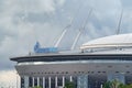 Russia, St. Petersburg, 29 July 2022: The new building of football stadium Gazprom Arena, the sliding metal roof