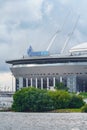 Russia, St. Petersburg, 29 July 2022: The new building of football stadium Gazprom Arena, the sliding metal roof