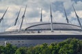 Russia, St. Petersburg, 29 July 2022: The new building of football stadium Gazprom Arena, the sliding metal roof