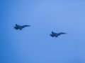 Russia, St. Petersburg - June 24, 2020: Demonstration flight of two Russian-made su-30SM multirole fighters. Russian military su- Royalty Free Stock Photo