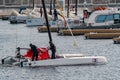 Russia, St. Petersburg, 10 June 2021: A few sailing yachts parked in a new port near the skyscraper of the gas company Royalty Free Stock Photo