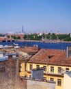 Russia, St. Petersburg - June 24, 2020: Skyline view on roofs with satellite antennas of old houses Saint Petersburg