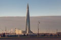 Russia, St. Petersburg - june, 2018. Skyscraper Lakhta center on the shore of the Gulf of Finland at sunset Royalty Free Stock Photo