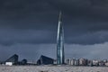 Russia, St. Petersburg, 17 June 2022: Stormy sky over the skyscraper Lakhta center of the gas company Gazprom at dusk