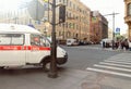 Russia, St. Petersburg, 17.08.2018, Malaya Morskaya street near the Admiralty, three ambulances at the crossroads, old houses,