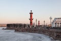 Russia, St. Petersburg - March 10, 2024: Rostral columns on the Spit of Vasilyevsky Island