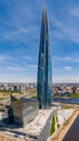 Russia, St.Petersburg, 26 May 2020: Aerial panoramic image of skyscraper Lakhta center at day time, It is the highest