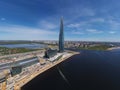 Russia, St.Petersburg, 26 May 2020: Aerial panoramic image of skyscraper Lakhta center at day time, It is the highest