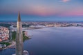 Russia, St.Petersburg, 16 May 2021: Drone point of view of highest skyscraper in Europe Lakhta Center at pink sunset