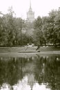 Russia, St. Petersburg, Moscow Victory Park. Black and white retro photo, a summer day, a view of the lake and dense crowns of tre