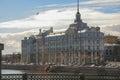 Russia, St. Petersburg, Nakhimov Naval School, city landmark, bright sunny day, Neva River, blue sky, expressive blue architecture