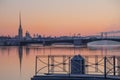 Russia, St. Petersburg, Neva River embankment in summer. View of the sights of the city. A gentle dawn morning. A sensual dawn, an