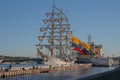 Russia, St. Petersburg, the Neva River in summer. Berth, a magnificent sailing ship of Ecuador in close-up. The flag of Ecuador. A Royalty Free Stock Photo