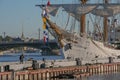 Russia, St. Petersburg, the Neva River in summer. Berth, a magnificent sailing ship of Ecuador in close-up. The flag of Ecuador. A Royalty Free Stock Photo