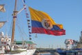 Russia, St. Petersburg, the Neva River in summer. Berth, a magnificent sailing ship of Ecuador in close-up. The flag of Ecuador. A Royalty Free Stock Photo