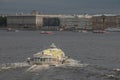 Russia, St. Petersburg, the Neva River in summer. Contrast lighting, a pleasure tourist boat on the water close-up. Textured archi