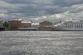 Russia, St. Petersburg, the Neva River in summer. The pier, a magnificent white tourist liner close-up against the background of a