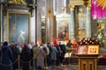 1.07.2021 Russia St. Petersburg. People lining to worship Our Lady icon in Kazan orthodox cathedral Royalty Free Stock Photo
