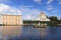 Russia, St. Petersburg, Peterhof, July 8, 2019. On the photo is the main court church in the Upper Park of the State Museum