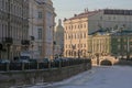 Russia, St. Petersburg, rivers and canals in winter. A frozen river. Bright daytime sunlight. The expressive texture of architectu Royalty Free Stock Photo