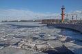 Russia, St. Petersburg, spring, ice drift on the river. Expressive architecture, historical buildings, the arrow of Vasilievsky Is