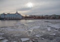 Russia, St. Petersburg, spring ice drift on the river, Pensive architecture, historical buildings, Nakhimov Naval School, sentimen