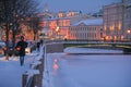 Russia, St. Petersburg, winter city landscape. Winter embankment of the Moika River in the snow. Twilight gentle feeling light. A