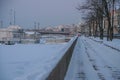 Russia, St. Petersburg, winter city landscape. Winter embankment of the Neva River in the snow. There is a lot of snow, people are