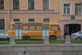 Russia, St. Petersburg, yellow retro bus side view. Yellow old Soviet bus. Transport of Russia. Travel around the city of St. Pete Royalty Free Stock Photo