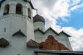 Russia, Staraya Russa, August 2021. Brick wall without plaster on the pediment of the church. Royalty Free Stock Photo