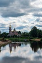 Russia, Staraya Russa, August 2021. View of the Resurrection Cathedral standing on the river.