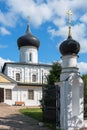 Russia, Staraya Russa, August 2021. View of the St. George Church through the entrance gate.