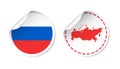 Russia sticker with flag and map. Russian Federation label, round tag with country. Vector illustration on white background.