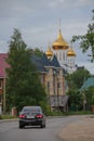 Russia, Syktyvkar, Komi Republic, St. Stephen`s Cathedral, modern and old buildings, the contrast of time, life in an original sma