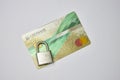 Russia, Syzran - FEBRUARY 27, 2022: sanctions against Sberbank. bank card under lock and key Royalty Free Stock Photo