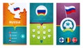 Russia team European 2020 football vertical banner set for social media. Russia group B banner with isometric map, pin flag, match