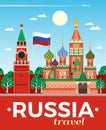 Russia travel agency advertising flat composition poster with national flag kremlin saint basils cathedral moscow vector Royalty Free Stock Photo