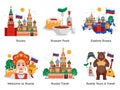 Russia travel tours attractions culture landmarks 6 flat compositions set with traditional food symbols landmarks vector Royalty Free Stock Photo