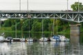 Russia, Tver region, August 2018. Pier for small ships at the bridge in Tver