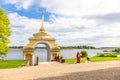 Russia, Tver region, Svetlitsa, 15 September 2020: Nilo-Stolobenskaya Pustyn. Artist painting a picture