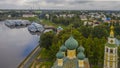 Russia, Uglich, a Historic Church, a Marina with tourist boats on the river Volga Aerial photography