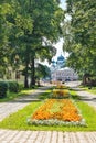 Russia, Uglich, July 2020. Central park alley and exit to the city.