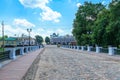 Russia, Uglich, July 2020. A cobblestone bridge leading to the city Kremlin.