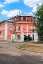 Russia, Uglich, July 2020. Fragment of an interesting 19th century house with a round tower.