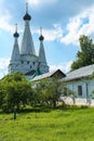 Russia, Uglich, July 2020. Nice view of the three-domed Orthodox church. Royalty Free Stock Photo