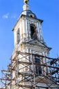 Russia, Uglich, July 2020. Repair of the bell tower of the old church.