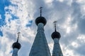 Russia, Uglich, July 2020. Thunderclouds over the domes of the ancient cathedral. Royalty Free Stock Photo